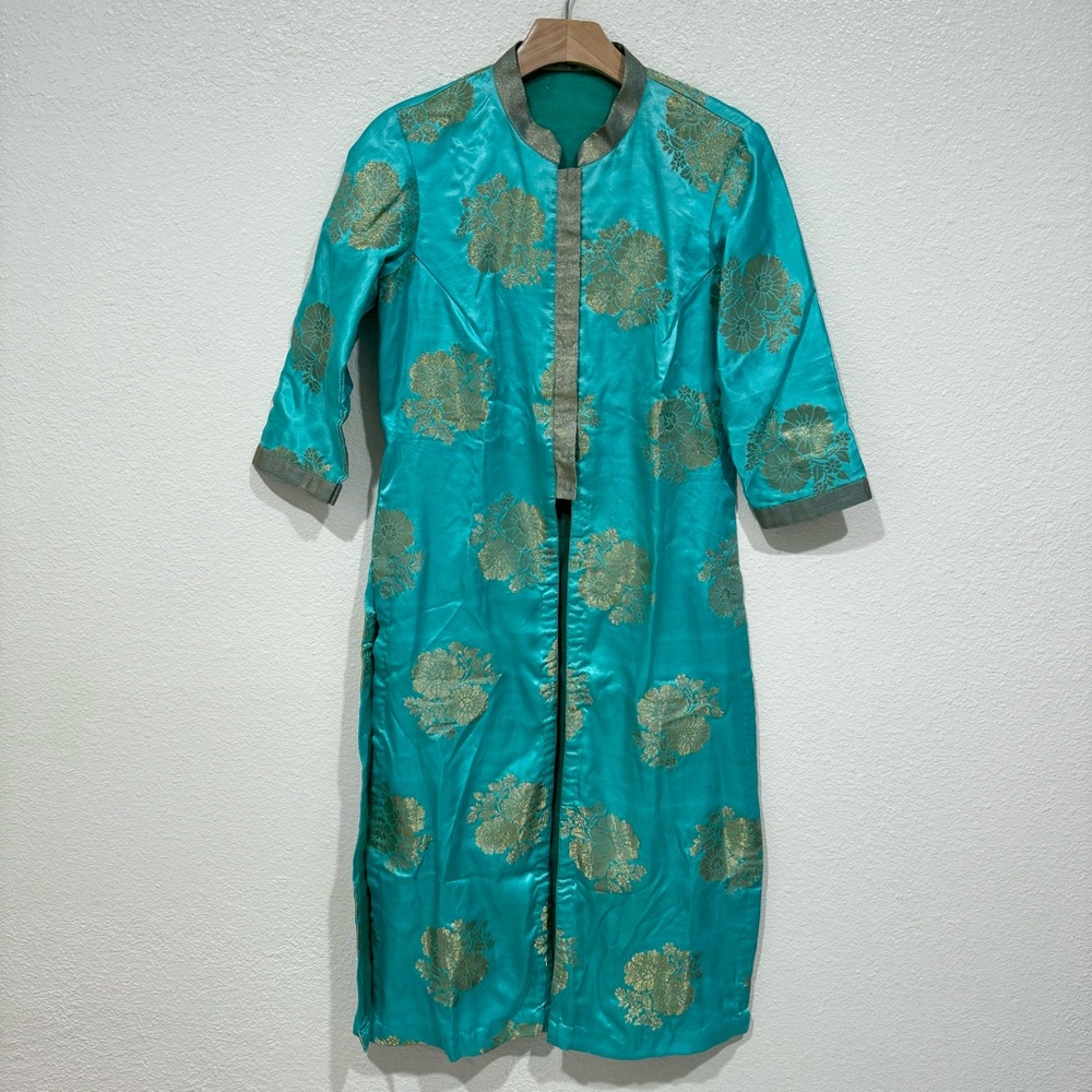 indian blue & green kurta asian oriental floral short sleeve shirt long dress